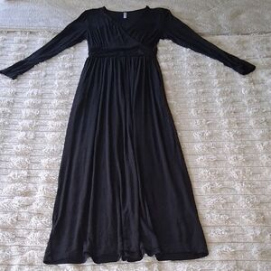 Black Smocked V-Neck Gown with Bishop Sleeves